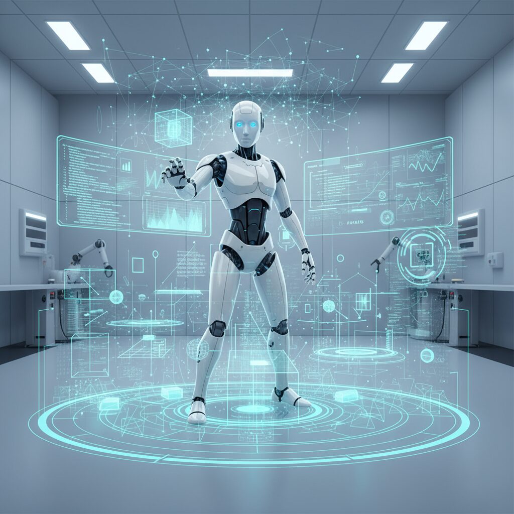 複雑なAI生成3Dシミュレーション環境をロボットが正確にタスクをこなしながらナビゲートしている様子。環境にはさまざまな障害物とインタラクティブな要素があり、ロボットトレーニングの可能性を示している。スタイル：無菌ラボ、高度なロボティクス。