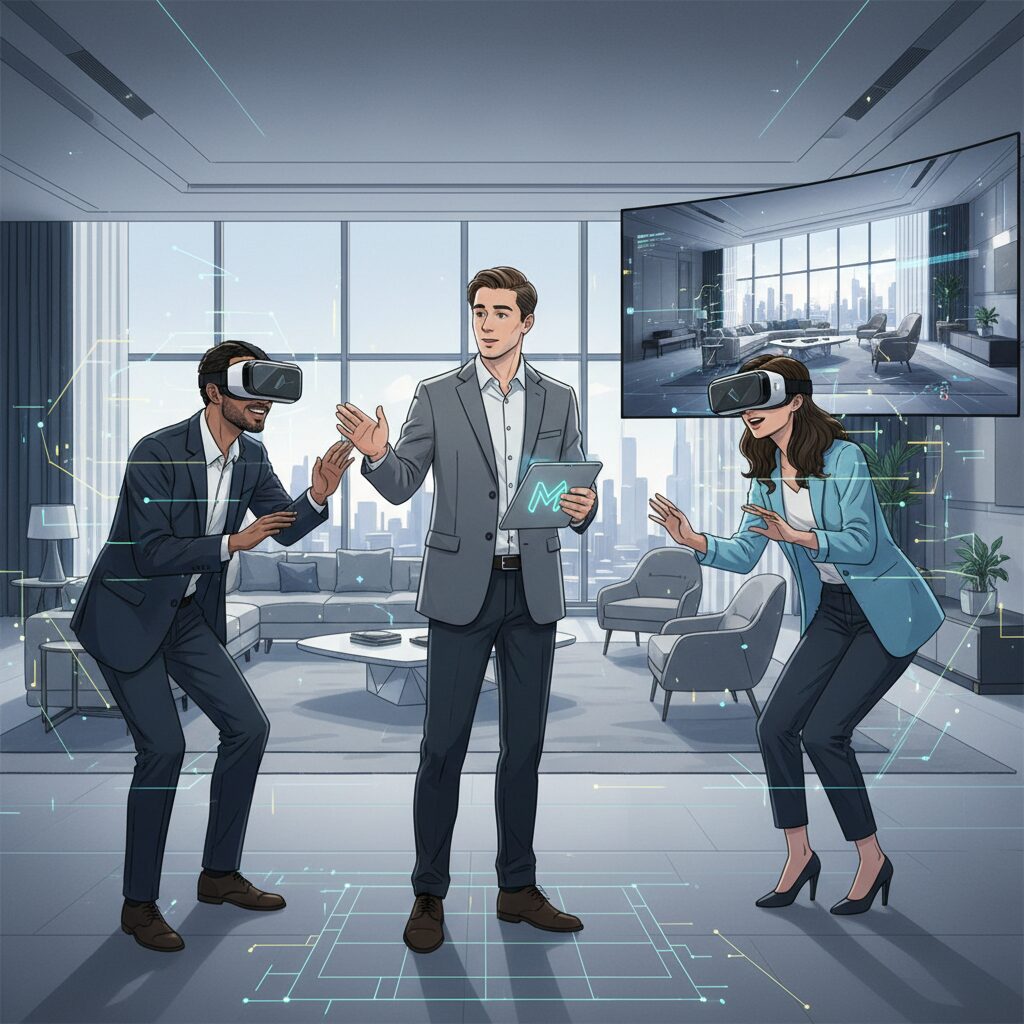 建築デザイナーがMarbleで生成された建物の内装の没入型3Dウォークスルーを、VRヘッドセットを使用してクライアントにプレゼンテーションしている様子。クライアントは、まるでその場にいるかのように空間を体験し、感銘を受けている。スタイル：モダンな建築レンダリング、バーチャルリアリティ体験。