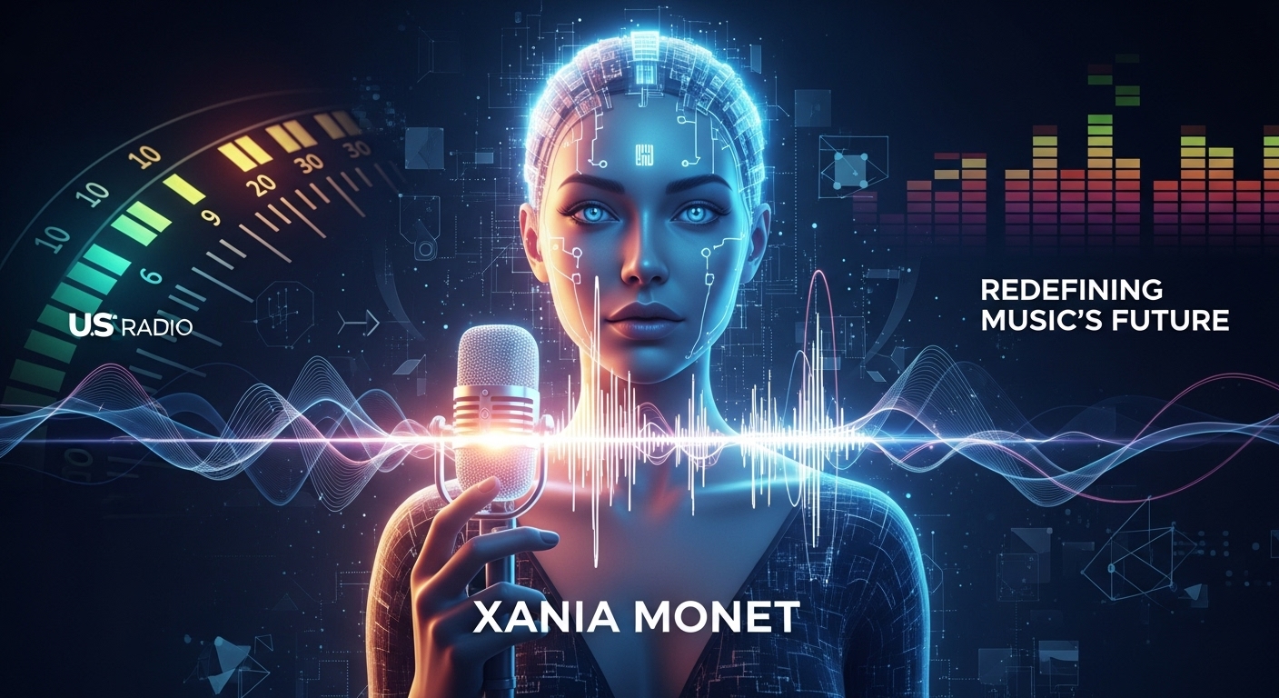 輝く波形とマイクが描かれた抽象的なデジタルアートワーク。AIアーティスト「Xania Monet」が音楽業界に革命を起こしている様子を象徴している。