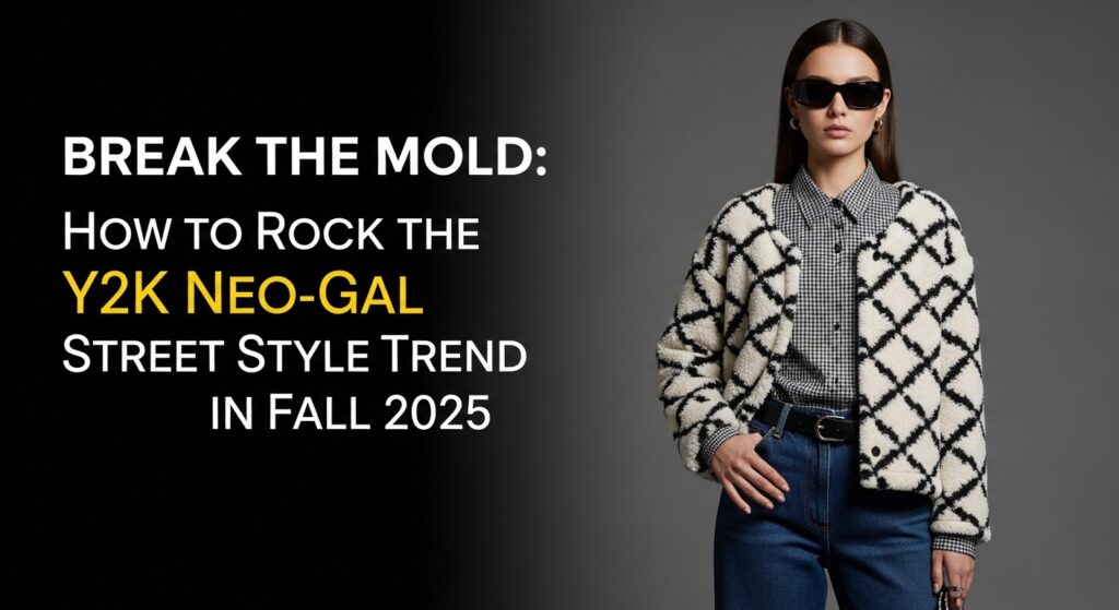 2025年秋のY2Kネオギャルスタイルに身を包み、東京のストリートに立つファッショナブルな女性。