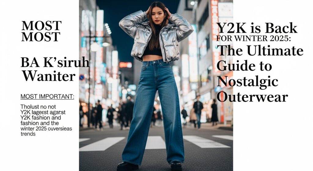 メタリックシルバーのクロップドパファージャケットを着て、東京のネオン街を背景にポーズをとるアジア系の若い女性。ローライズのワイドデニムと厚底ブーツを合わせ、Y2Kファッションと2025年の冬の海外トレンドを体現している。