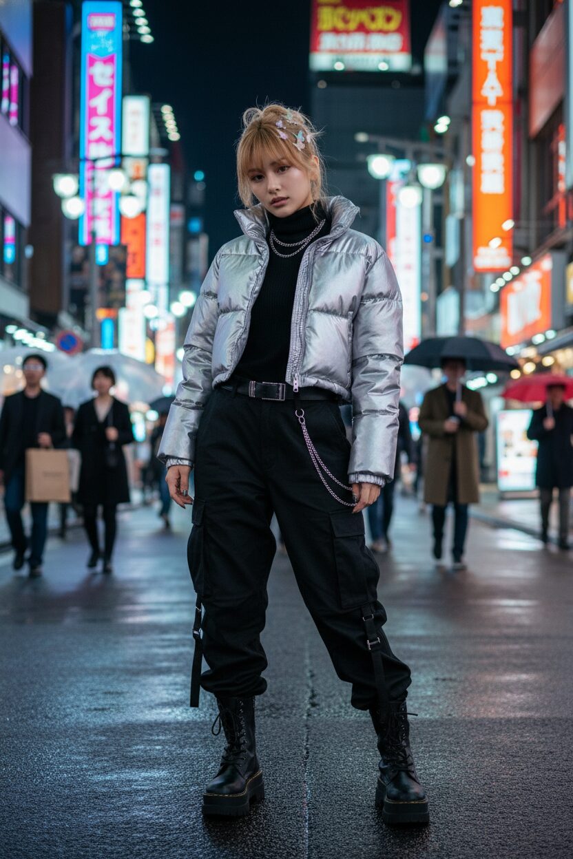 夜の東京のネオン街を背景に、メタリックシルバーのクロップド丈パファージャケットとローライズのカーゴパンツを着こなす日本人女性。厚底ブーツを履いてポーズを決めている、全身が写ったストリートスナップ風のおしゃれな写真。