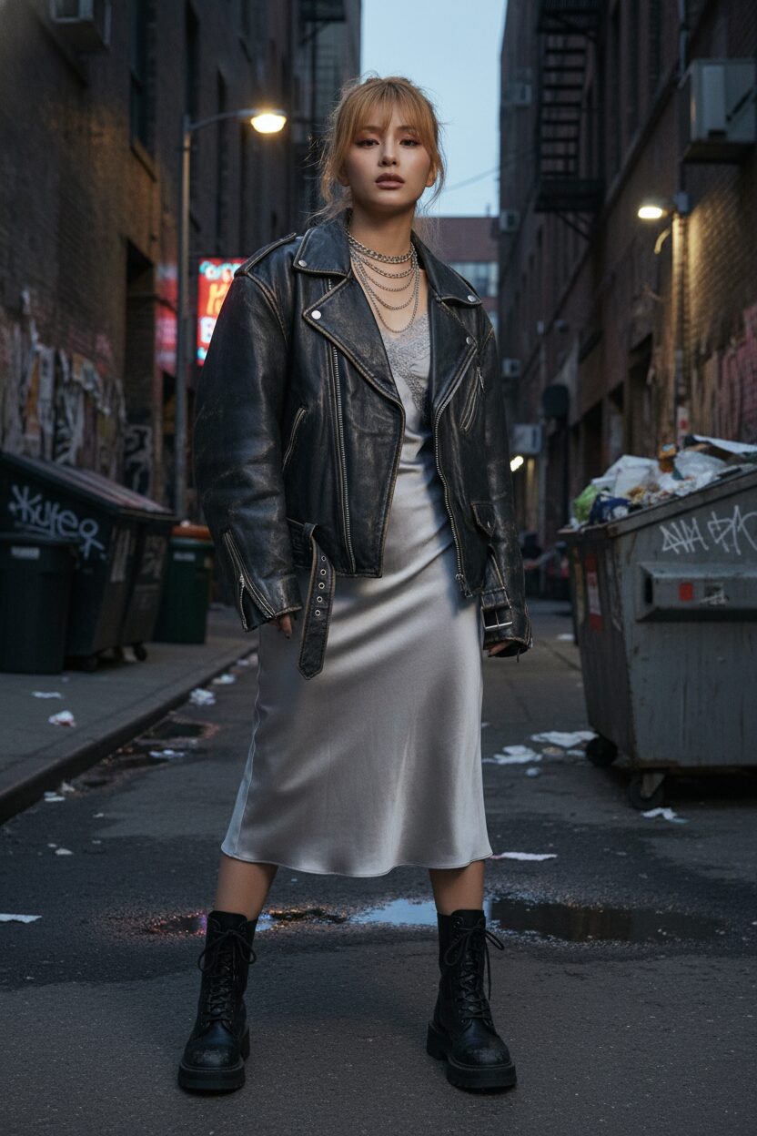 ニューヨークの薄暗い路地裏で、クールな雰囲気を醸し出す女性。ヴィンテージ風のオーバーサイズな黒いレザーバイカージャケットを、繊細なサテンのスリップドレスの上に羽織っている。コンバットブーツと重ね付けしたシルバーネックレスが印象的なファッション写真。