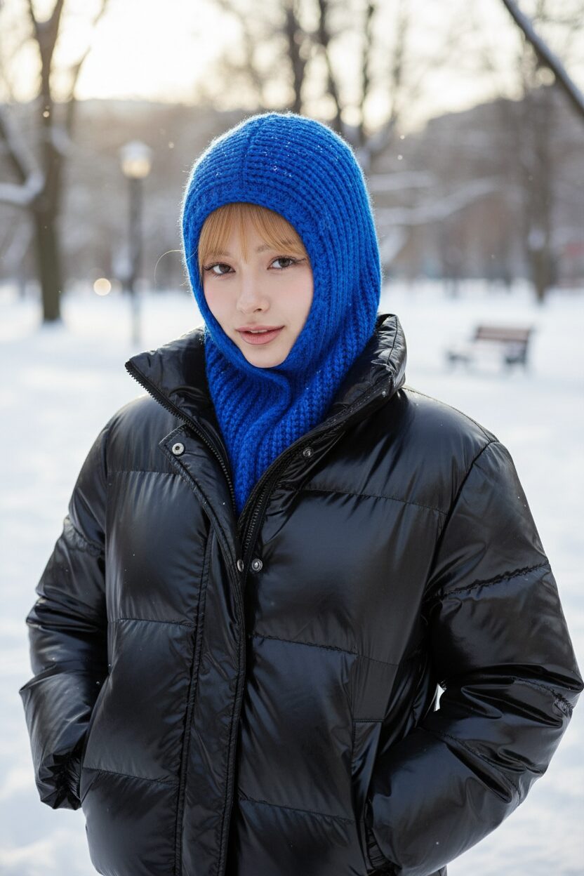 冬の公園で撮影された、ファッション感度の高い人物のクローズアップ写真。光沢のある黒いキルティングのパファージャケットに、鮮やかなブルーのニット製バラクラバを合わせ、素材感の対比が際立っている。冬の澄んだ光が印象的。