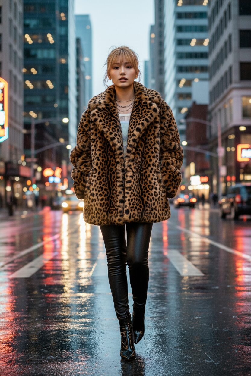 夕暮れの街を歩くモデルの全身写真。大胆なレオパード柄でボリュームのあるフェイクファーコートに、体にフィットする黒のフェイクレザーパンツとピンヒールのアンクルブーツを合わせ、シルエットのメリハリを強調したグラマラスなコーディネート。