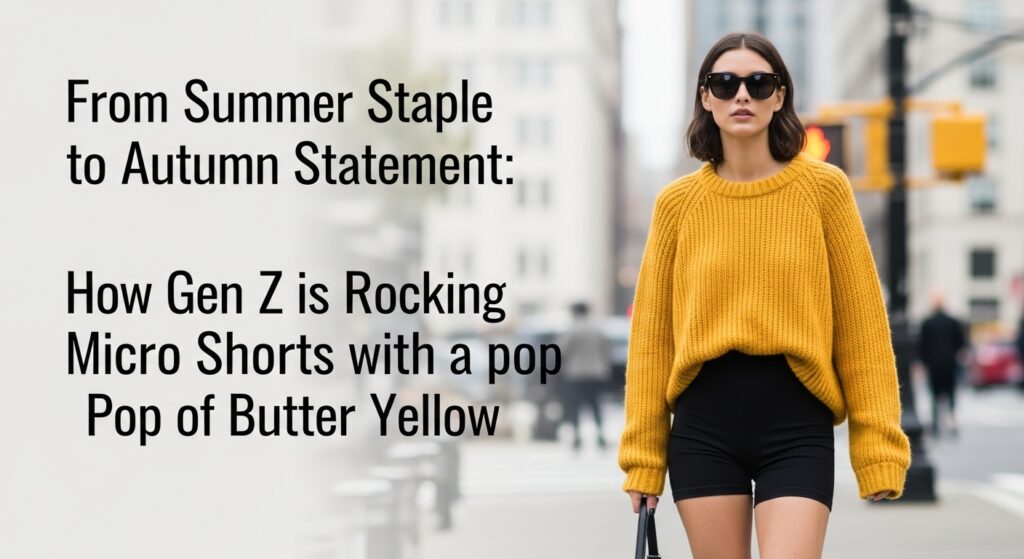 バターイエローのオーバーサイズニットと黒のマイクロショートパンツを着こなし、秋の街並みを颯爽と歩くおしゃれなZ世代の女性。