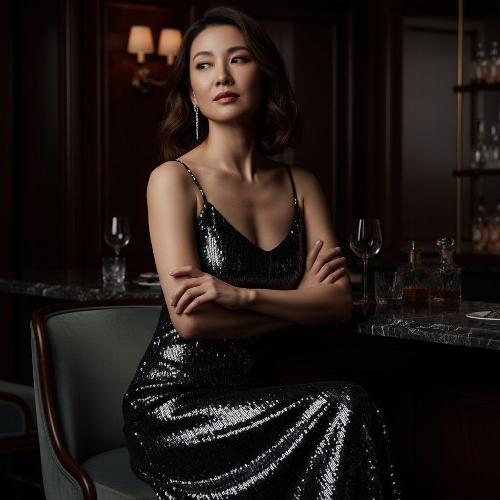 薄暗い高級ホテルのバーで、濡れたような光沢を放つブラックシークインのスリップドレスを身にまとい、クールで自信に満ちた表情を見せる30代後半の日本人女性。