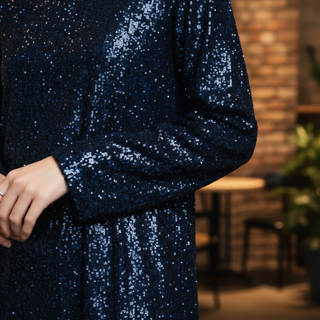 ベルベット生地の上に敷き詰められた、高品質なミッドナイトブルーのスパンコールのクローズアップ。小さく高密度なスパンコールが、液体金属のような効果を生み出している。