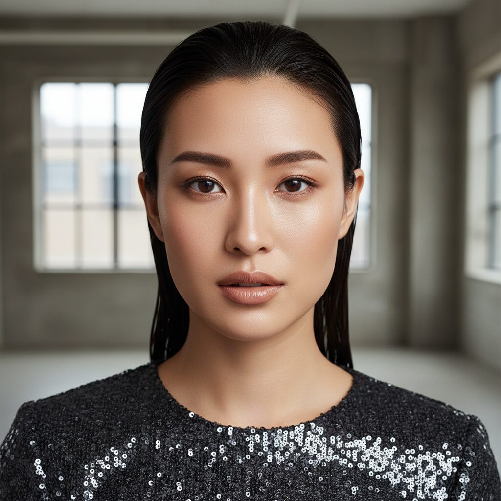 洗練されたヌーディメイクを施した女性のポートレート。濡れ感のあるタイトなヘアスタイルで、肌は艶やか、唇はベージュピンク。ダークチャコールのシークイントップスを着ており、派手な服とナチュラルなメイクのバランスが際立っている。