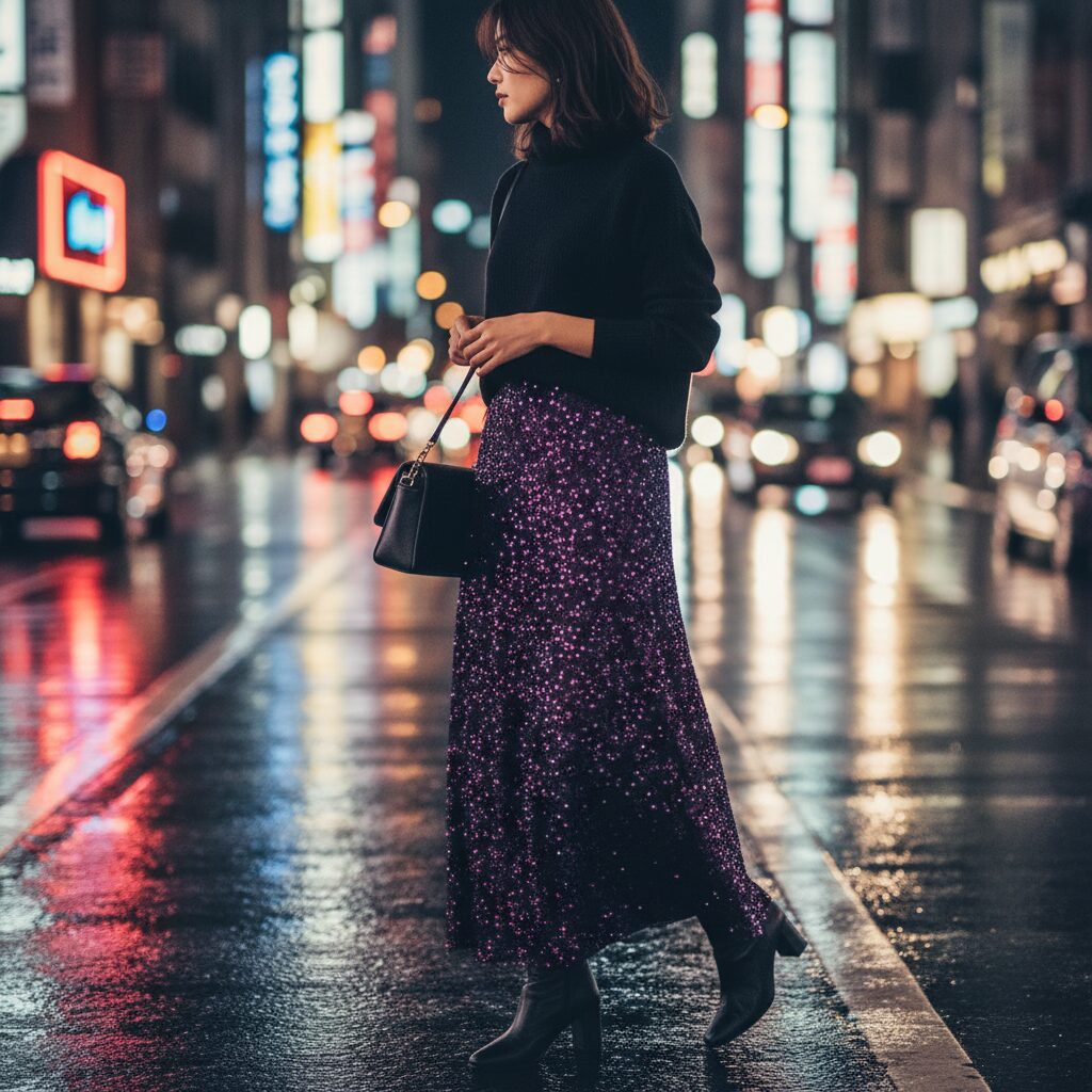 夜の街を歩く女性の全身ショット。深紫色のスパンコールマキシスカートに、シンプルな黒のカシミアタートルネックを合わせている。背景には街の灯りがボケている。