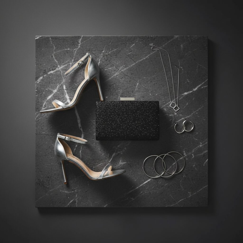 ホリデーシーズンのアクセサリーを並べた置き画。黒いラメのクラッチバッグ、シルバーの華奢なサンダル、ミニマルなシルバーアクセサリーが暗い大理石の上に置かれている。