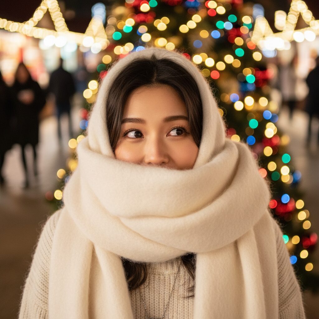 クリスマスのイルミネーションを背景に、真っ白でふわふわの巨大なモヘアマフラーに口元まで埋もれている日本人女性のアップ。上目遣いの愛らしい表情。