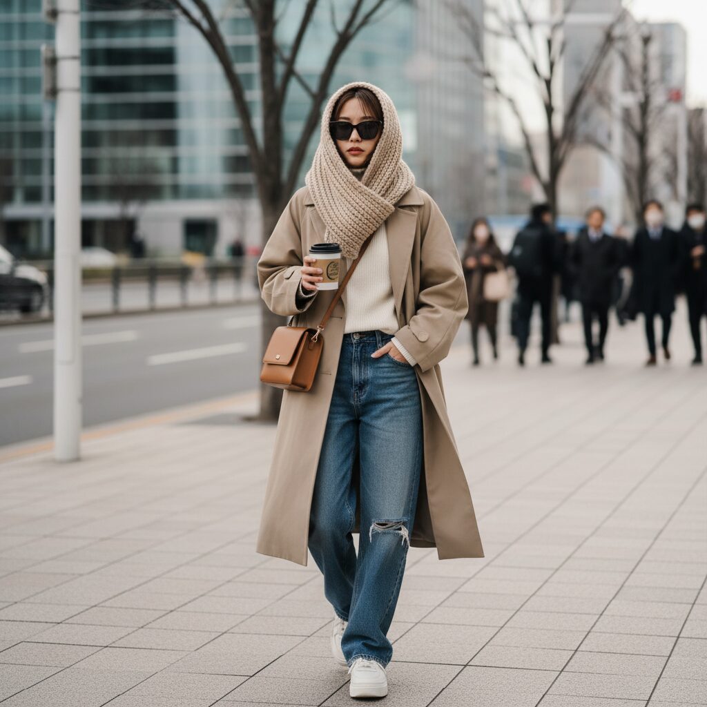 ベージュのチャンキーニットマフラーをフードのように頭から被る「バラクラバ巻き」をしている日本人女性。K-POPアイドルの空港ファッションのようなトレンド感。