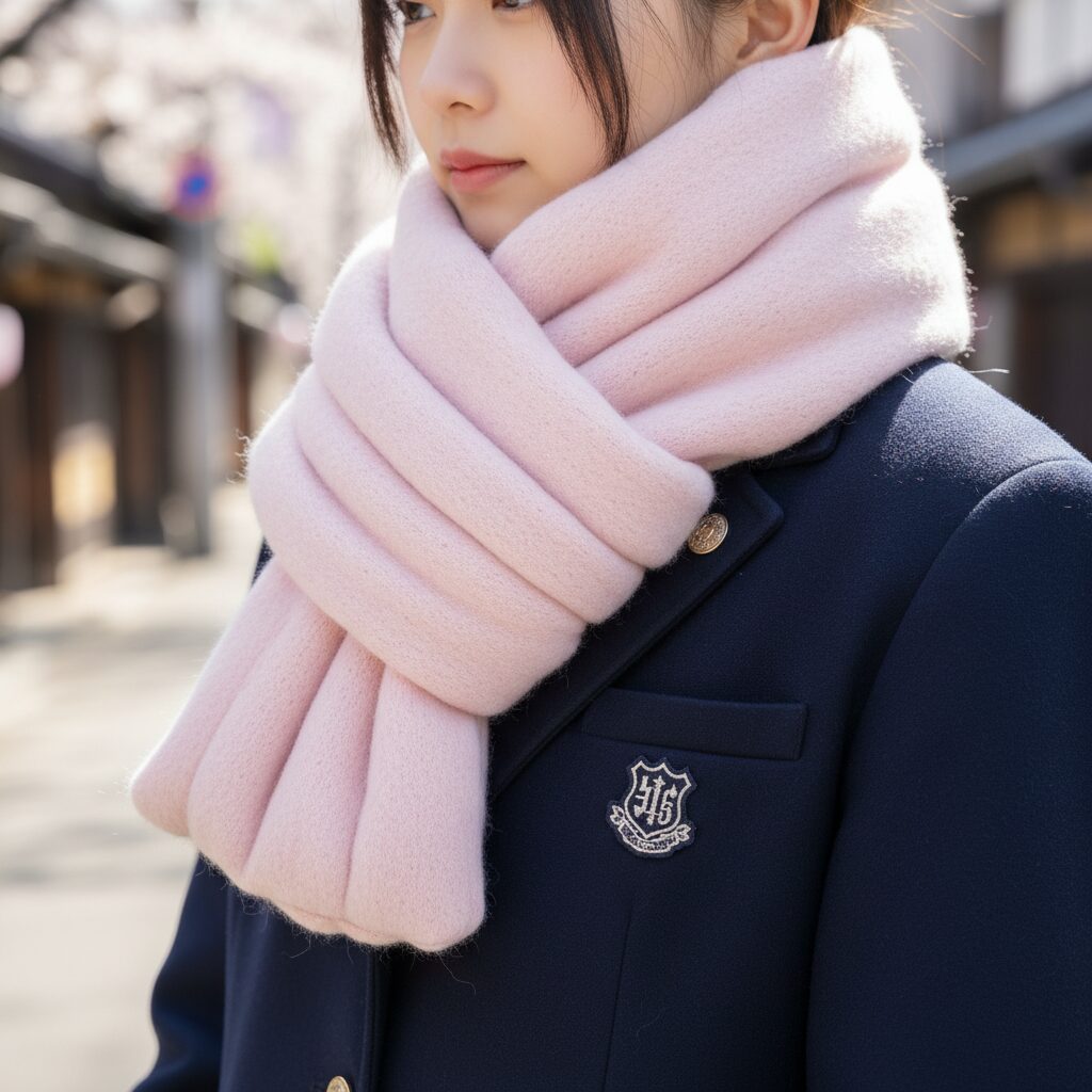 パステルピンクの太めのマフラーで首元に作られた大きなリボン結びのクローズアップ。スクールコートに合わせており、可愛らしい雰囲気。