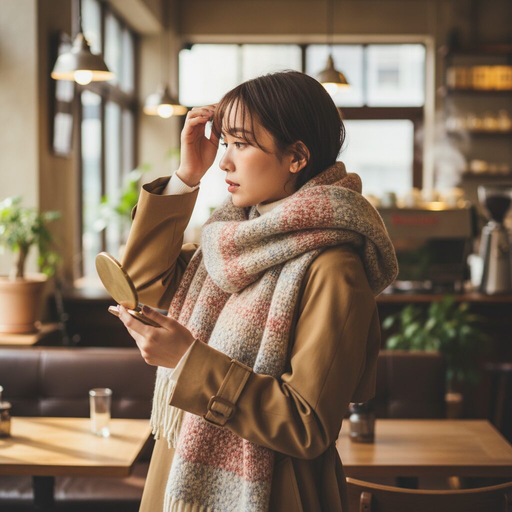ボリュームのあるマフラーを巻きながら、手鏡を持って前髪を整えている日本人女性の横顔。シースルーバング、温かいカフェの照明。