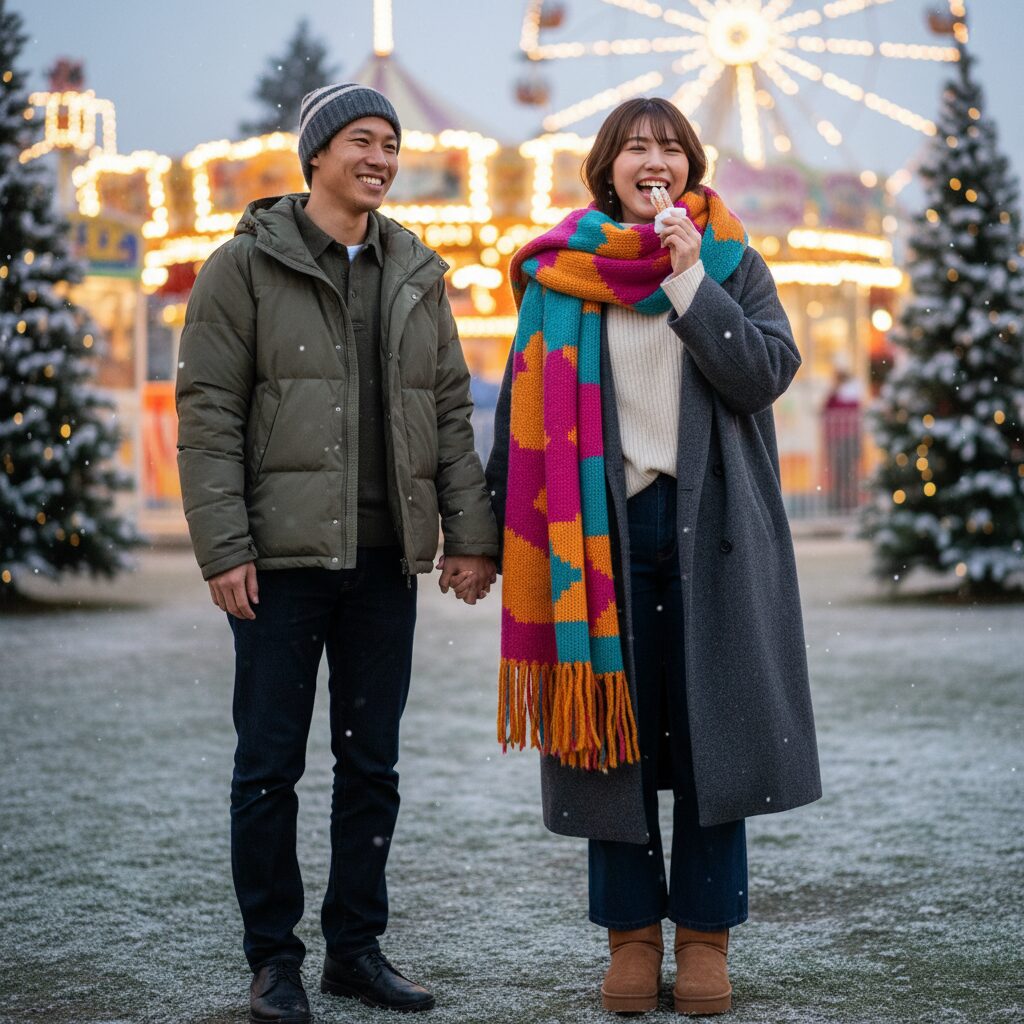 冬のテーマパークでのカップルの全身ショット。女性はカラフルなオーバーサイズのマフラーをコーデの主役にしており、チュロスを持って楽しそうにしている。