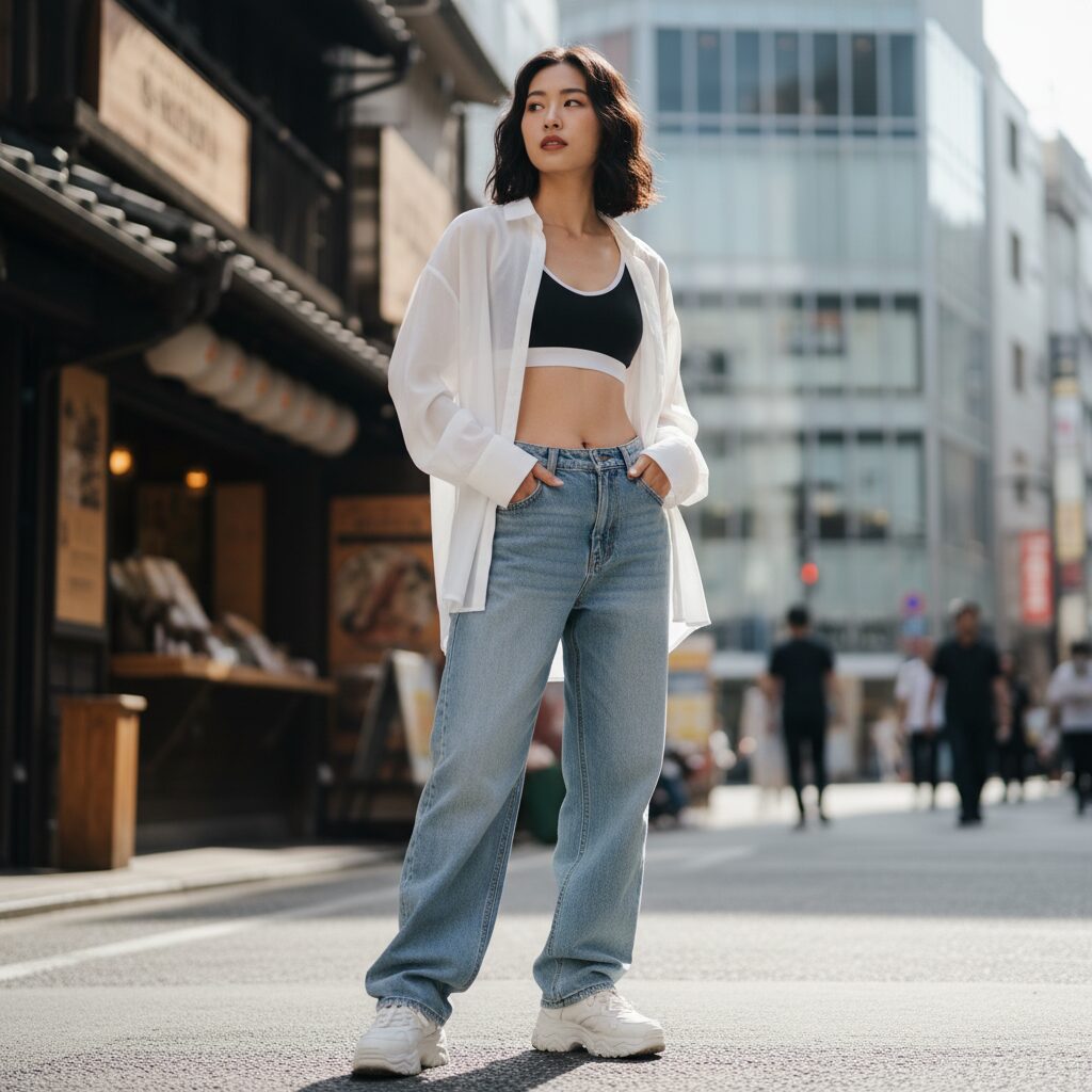 オーバーサイズの白シアーシャツの前を開け、ロゴ入りの黒いスポーティーな見せブラをのぞかせた、デニムスタイルの日本人女性。