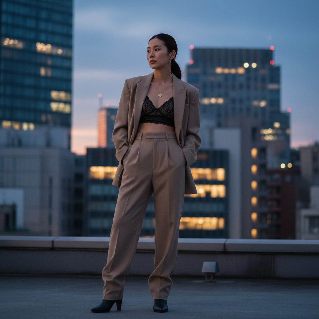 ベージュのテーラードジャケットのインナーに黒のレースブラレットを合わせ、大人っぽく洗練された雰囲気の日本人女性。