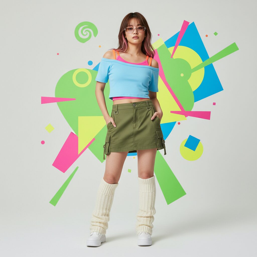 Y2Kファッションに身を包んだ女性。クロップド丈のTシャツの首元から、ネオンカラーのダブルストラップを見せるポップな着こなし。