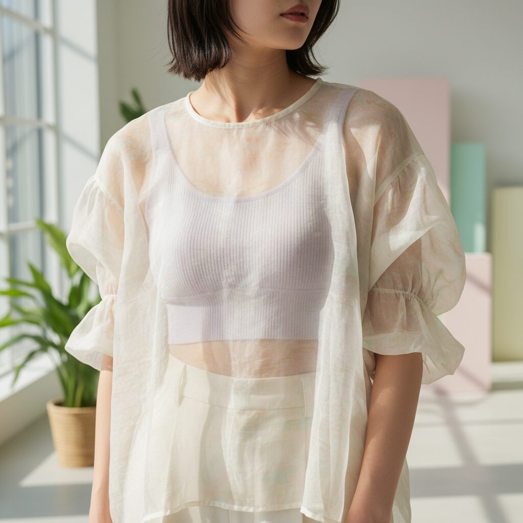 透け感のあるオーガンジー素材と、リブコットンのブラレットの素材感の対比にフォーカスした、パステルカラーのクローズアップ写真。