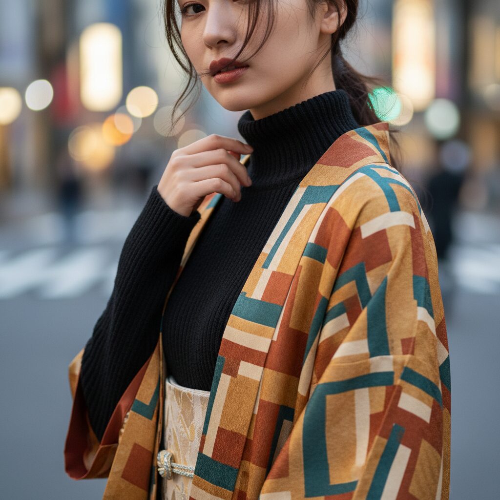 幾何学模様のヴィンテージ着物のインナーに、黒のリブタートルネックを合わせた日本人女性のバストアップ。シルクとウールの質感の対比が鮮明な、都会的でモダンなポートレート。