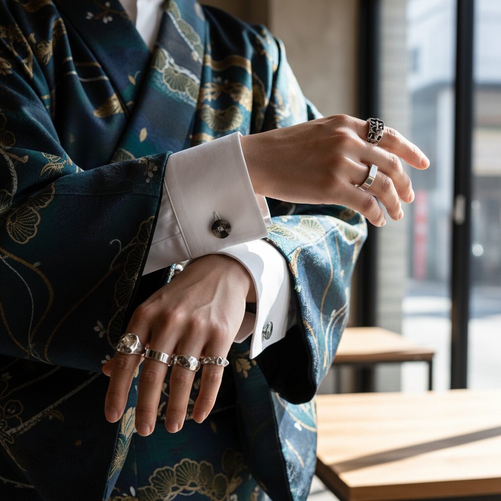 着物の袖口から、パリッとした白シャツのカフスが覗いている手元のクローズアップ。指には大ぶりのシルバーリング。シャープでコントラストの効いたファッションフォト。