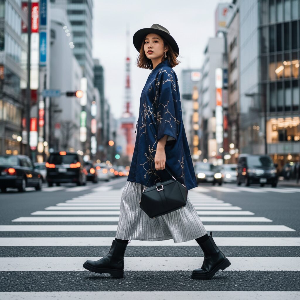 東京のストリートを歩く日本人女性の全身ローアングルショット。短めに着付けた着物の裾から、メタリックなプリーツスカートとレザーブーツが見えている。背景は動感のあるブラー。