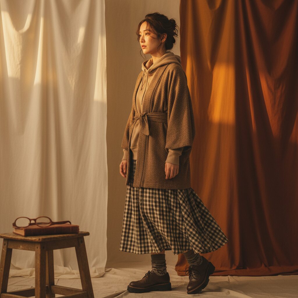 暖色系のスタジオライティング。「グランパコア」と着物をミックスしたスタイル。茶色のツイード風着物羽織の下にベージュのフーディーとチェック柄のスカート。芸術的な編集風ルック。