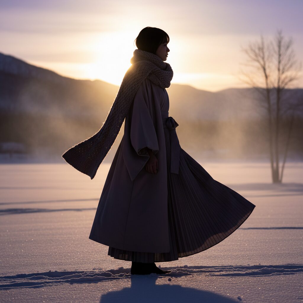 冬の夕日を背景にした横顔のシルエット。ボリュームのあるマフラーとスカートのレイヤードが分かる、モダンな着物のシルエット。情緒的で雰囲気のあるライティング。