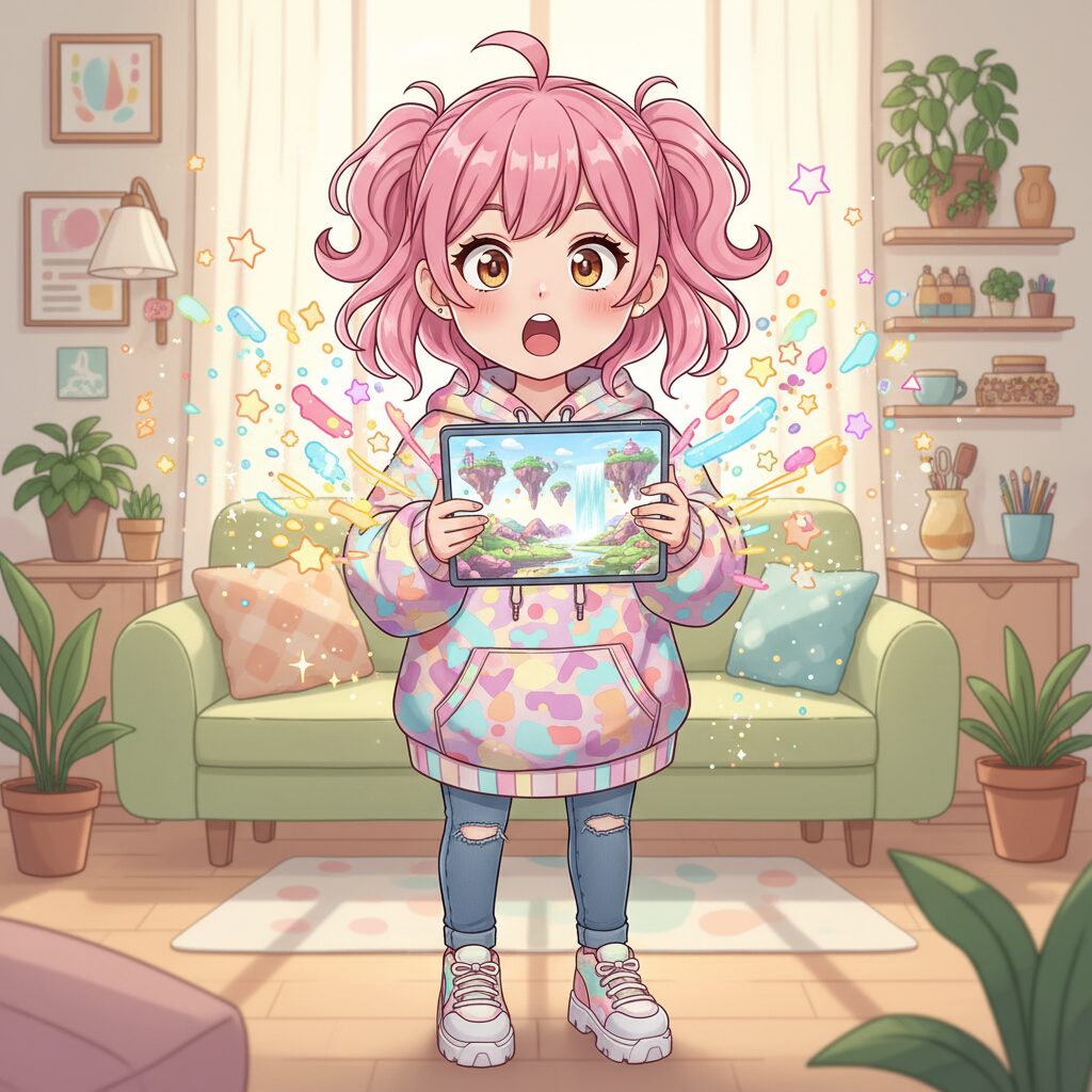 タブレットで高速生成される画像に驚く可愛いアニメ風の女性インフルエンサー、明るくきらめくエフェクト。