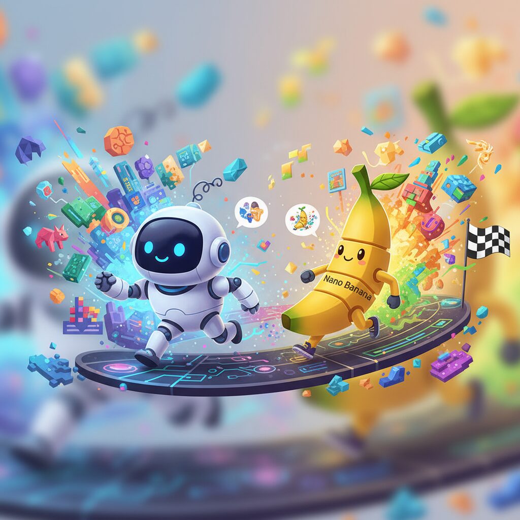可愛いスタイリッシュな2体のAIロボット（ChatGPTとNano Bananaを表現）が、カラフルなデジタルアートに囲まれて画像生成を競い合っている。