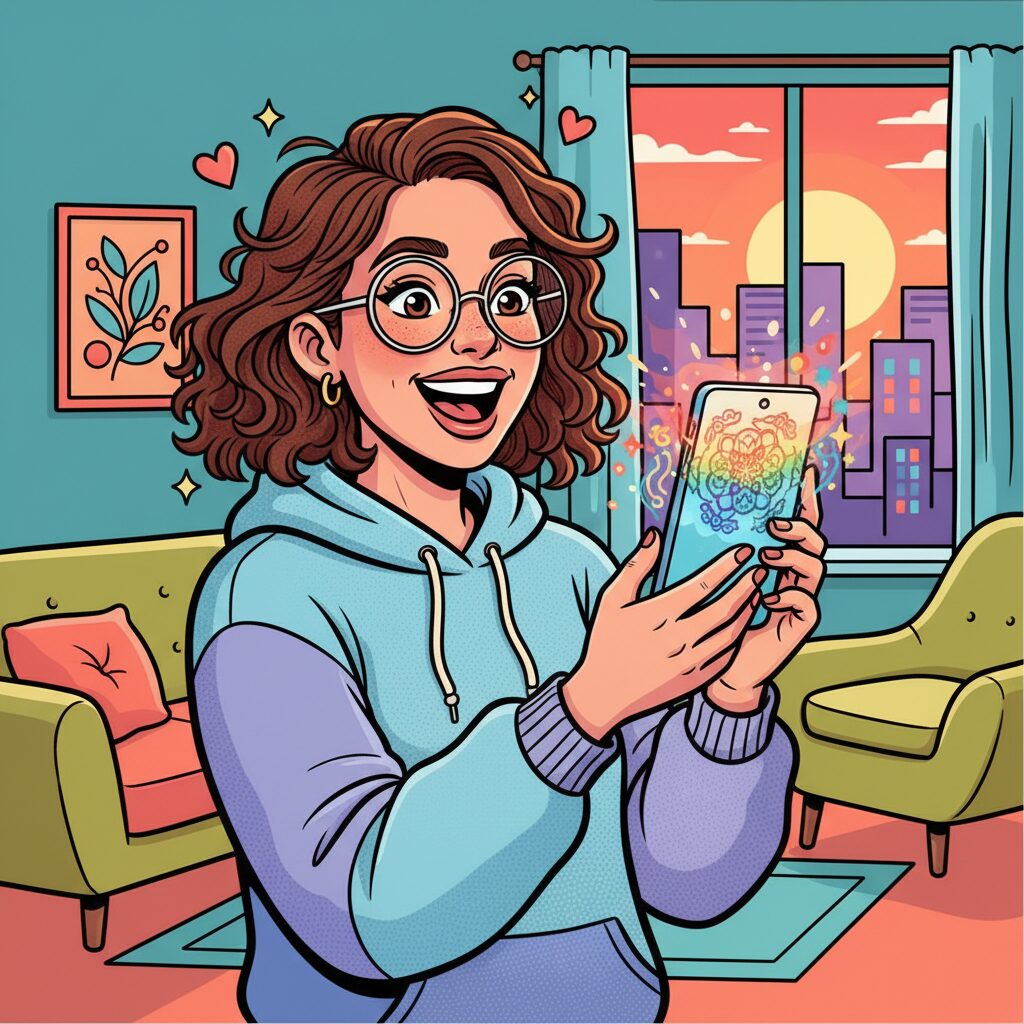 スマートフォンを嬉しそうに使い、美しく精巧な画像を簡単に生成している若い女性。楽しそうな表情。ポップアートスタイル。