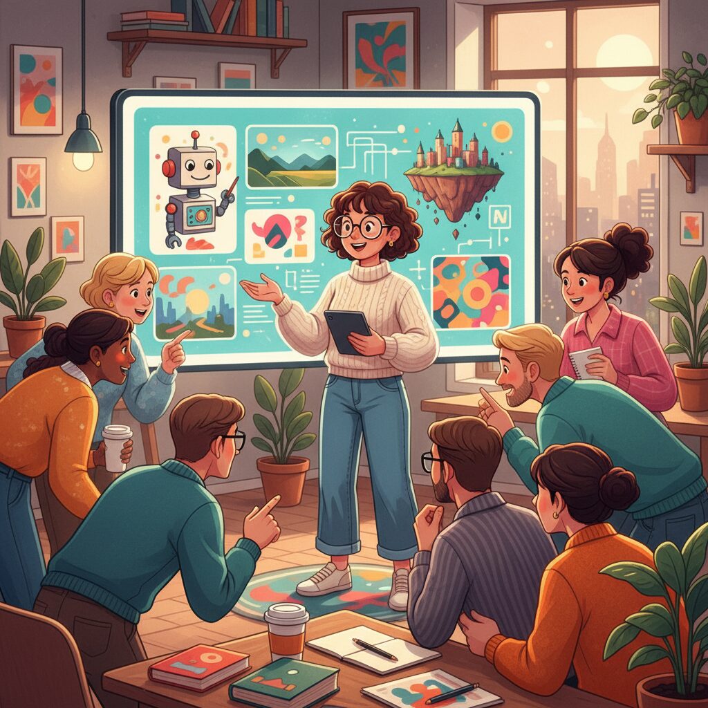 可愛い女性ブロガー（Kawashoのような）が、AI生成画像を大きなスクリーンで興奮した多様な人々に披露している賑やかなクリエイティブスタジオ。明るくエネルギッシュな雰囲気。