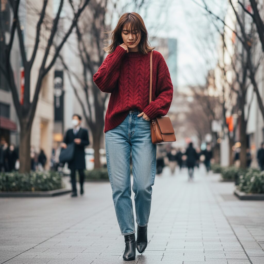 表参道の冬の街を歩く20代後半の日本人女性。深みのあるチェリーレッドのチャンキーニットに、ヴィンテージ加工のストレートデニムを合わせている。自然光、映画のような被写界深度。