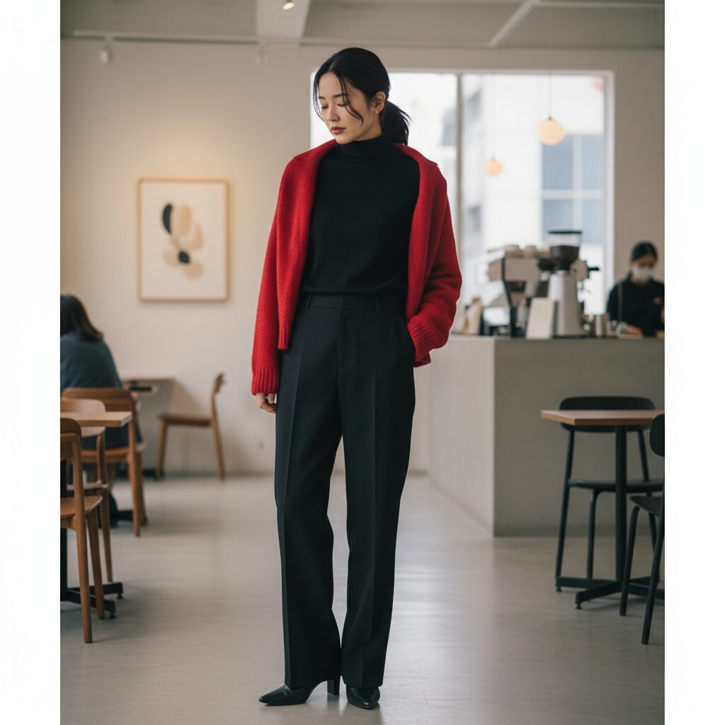 シックなミニマリストファッションの全身ショット。オールブラック(黒のタートルネックとスラックス)のコーディネートの日本人女性。鮮やかなチェリーレッドのカーディガンを肩に緩く掛けている。モダンなカフェの背景、洗練された雰囲気。
