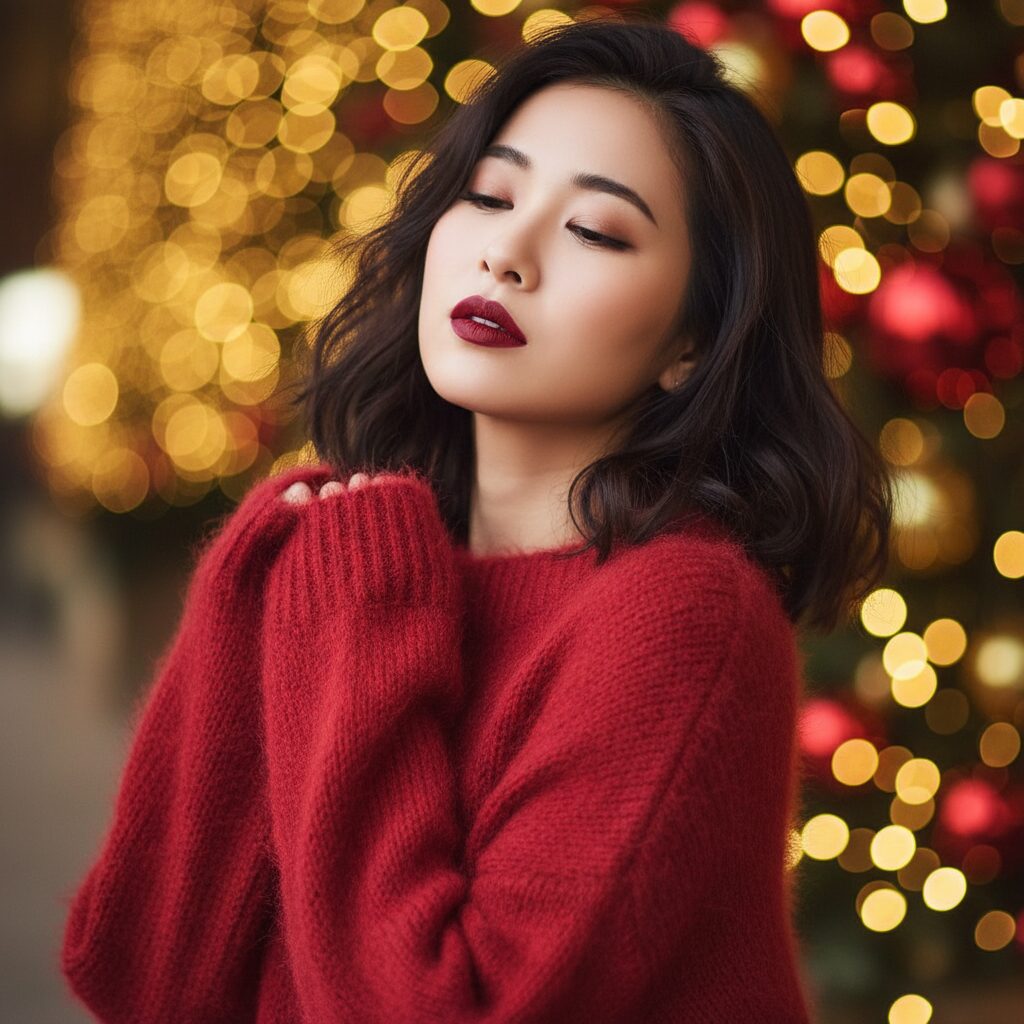 顔とデコルテにフォーカスしたビューティーショット。ふわふわしたチェリーレッドのモヘアニットを着た日本人女性。リップの色がニットの深い赤と完璧にリンクしている。クリスマスのイルミネーションのボケ背景。