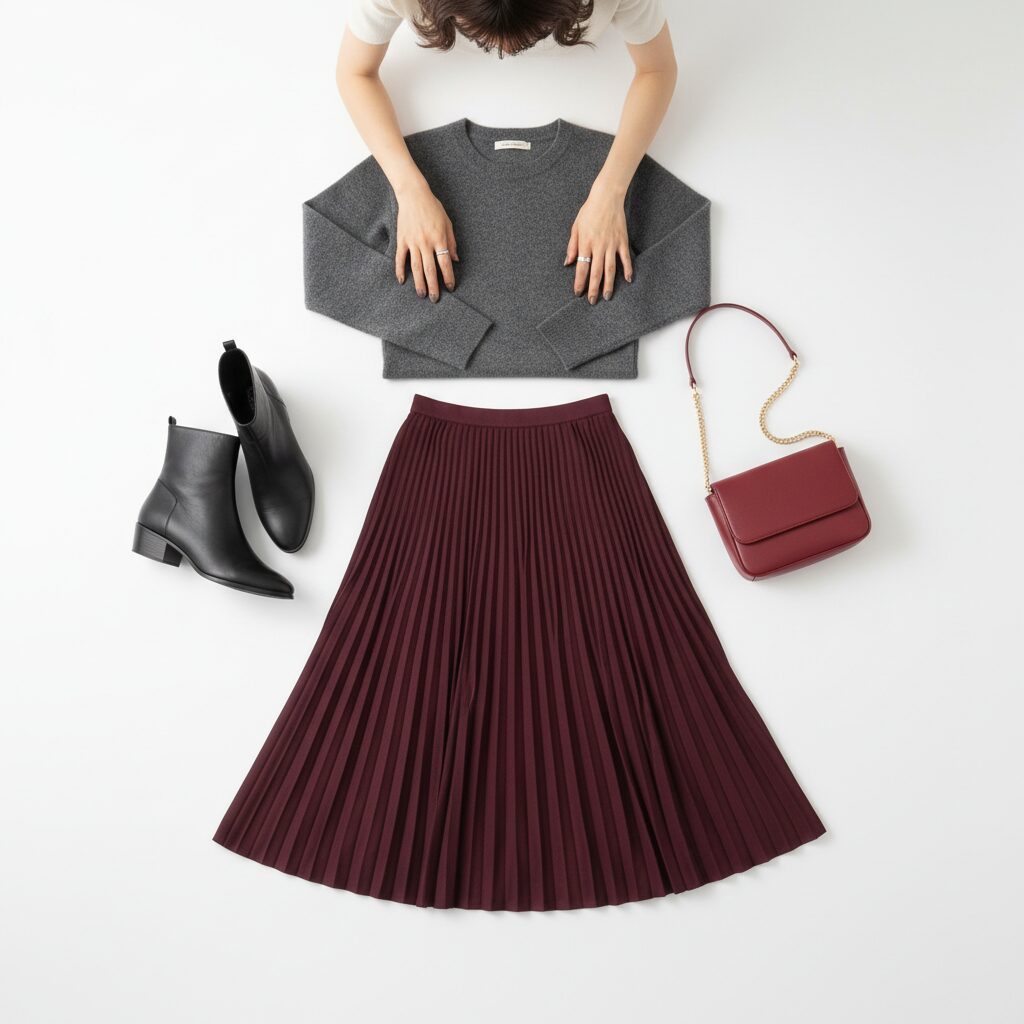 真上から撮影したファッションの置き画(レイフラット)。深いバーガンディのプリーツスカート、チャコールグレーのカシミアセーター、黒のアンクルブーツ、小さなチェリーレッドのレザーショルダーバッグ。清潔な白背景。
