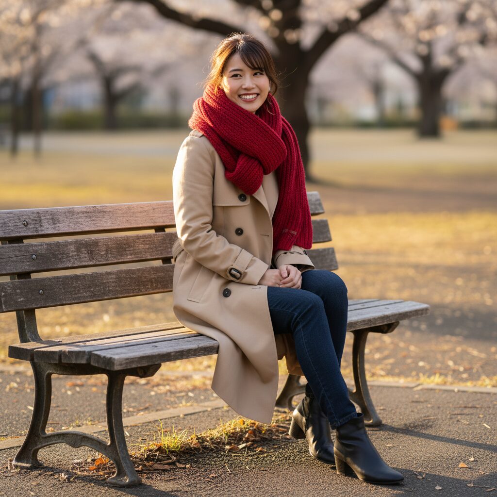 冬の午後、公園のベンチに座る日本人女性のポートレート。ベージュのトレンチコートを着て、チェリーレッドのマフラーを首元にボリュームたっぷりに巻いている。暖かい日差し、幸せそうな表情。