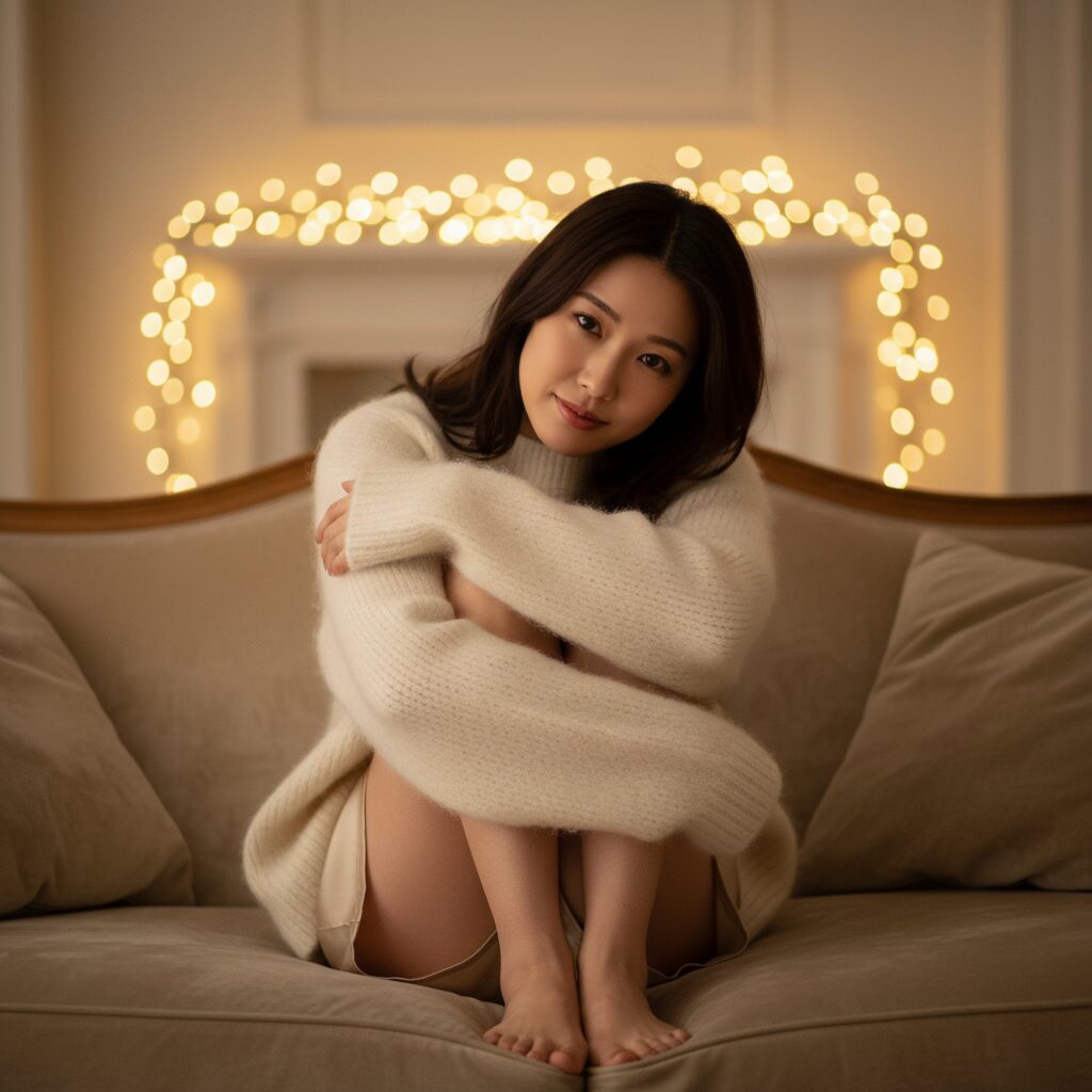 温かみのあるリビングで、大きな白いモヘアニットに身を包み、膝を抱えてソファに座る女性。裾からわずかに覗くシルクのショートパンツ。