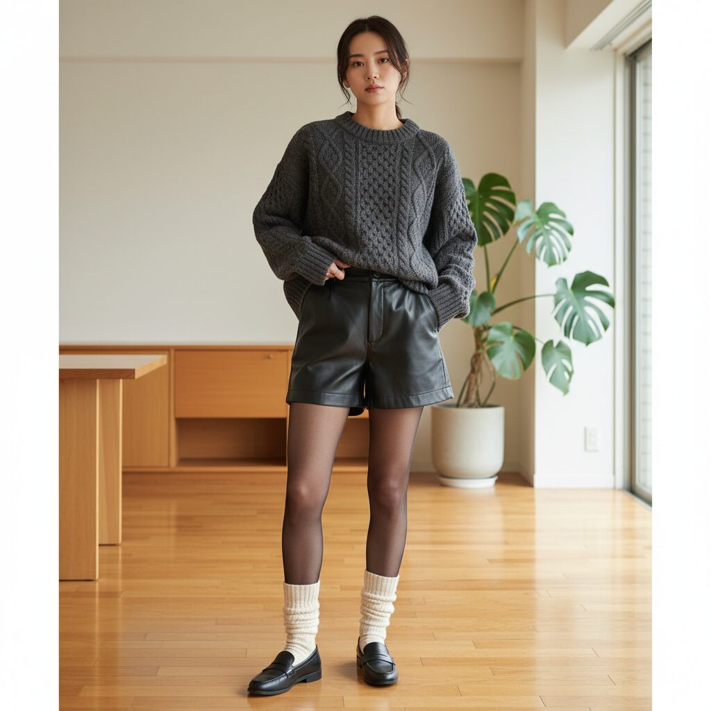 ダークグレーのケーブルニットの前だけをレザーショートパンツにインして、脚長効果を出した立ち姿の女性。モダンな室内背景。