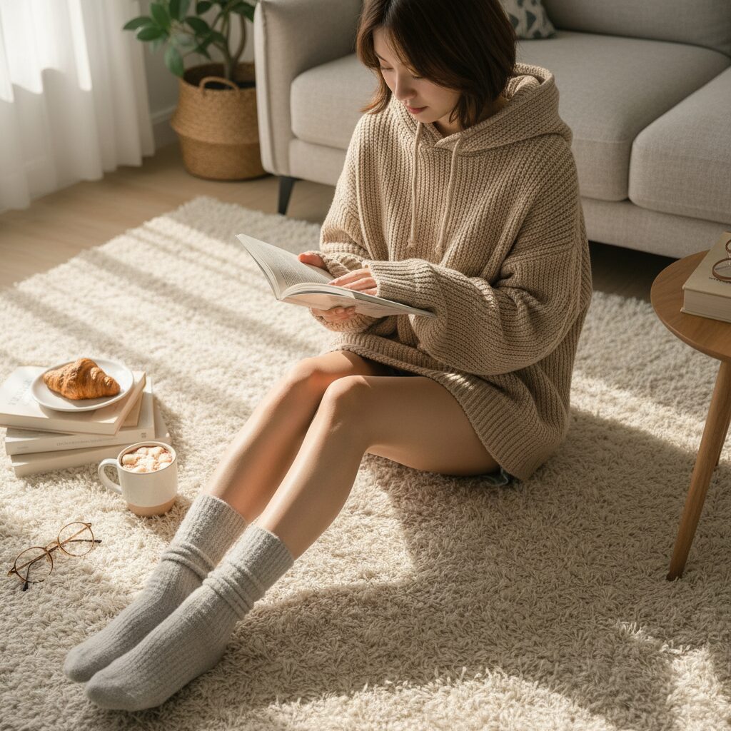 ラグの上で足を伸ばしてくつろぐ女性を上から撮影。ビッグサイズのベージュニットと、隠れそうなデニムショートパンツのランプシェードシルエット。