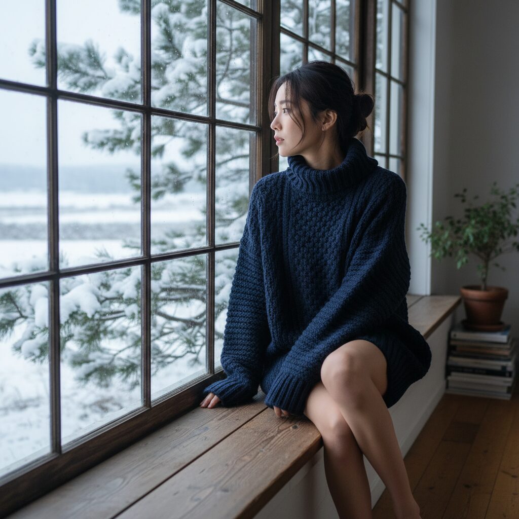 窓辺に座り外を眺める女性の横顔。チャンキーなネイビーのタートルニットと素足のコントラスト。自然光が美しく差し込む。
