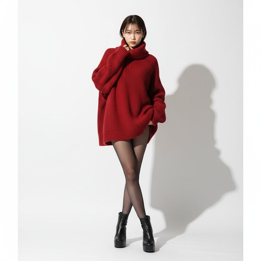 真っ赤なオーバーサイズセーターを着て、ボトムスが見えない「ランプシェードシルエット」で脚の長さを強調したスタジオ撮影。