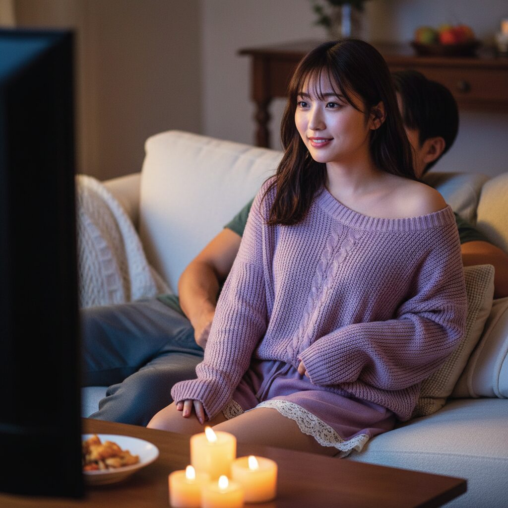 映画鑑賞中のリラックスしたシーン。ラベンダー色のオフショルニットとレース付きショートパンツを着た女性。テレビとキャンドルの光がロマンチック。