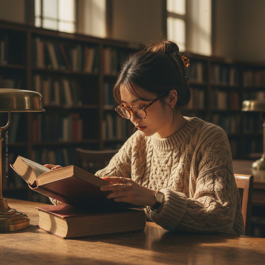 大学の図書館で、オートミール色のオーバーサイズケーブルニットを着て、大きなべっ甲柄のメガネをかけた女性が、分厚いハードカバーの本を読んでいる様子。髪はクリップで無造作にまとめられている。