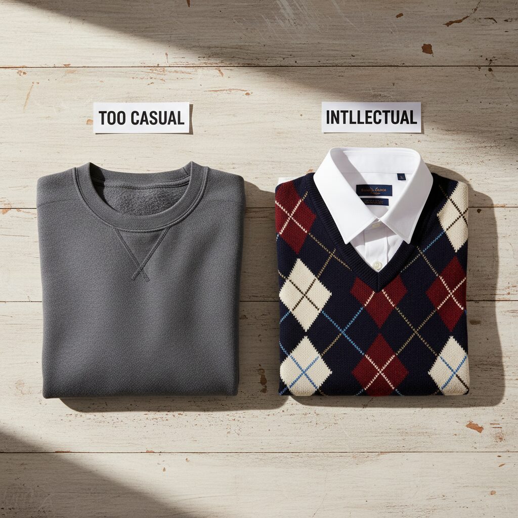 ファッションの比較置き画。左側はグレーの無地スウェット(ラフすぎる例)、右側は白シャツにネイビーのアーガイルニットベストを重ねたスタイル(知的で好印象な例)。