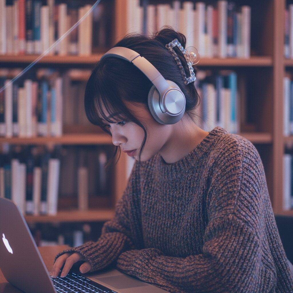 シルバーのオーバーイヤーヘッドフォンとヘアクリップをつけた女性の横顔アップ。図書館の本棚が背景にぼやけて見え、ノートPCの画面に集中している。