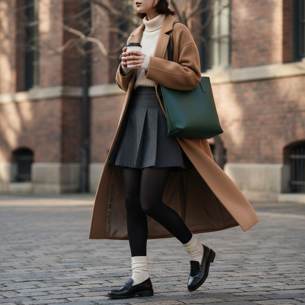 レンガ造りの建物に向かって歩く学生の全身ストリートスナップ。プリーツミニスカート、黒タイツ、白ソックスにローファー、ロングウールコートを着用し、コーヒーカップを持っている。