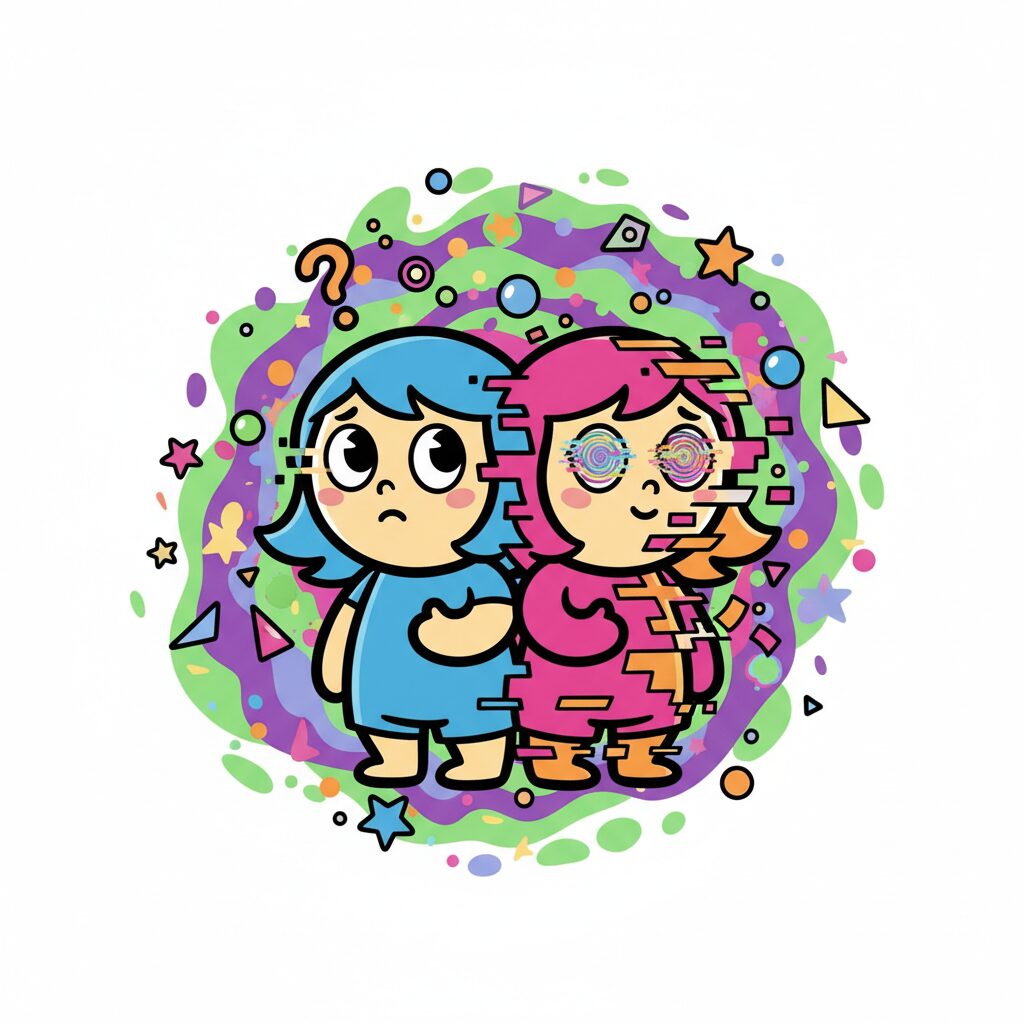 困った様子の、ちょっとバグっているような可愛いGeminiキャラクター、ポップなアートスタイル、明るい色合い