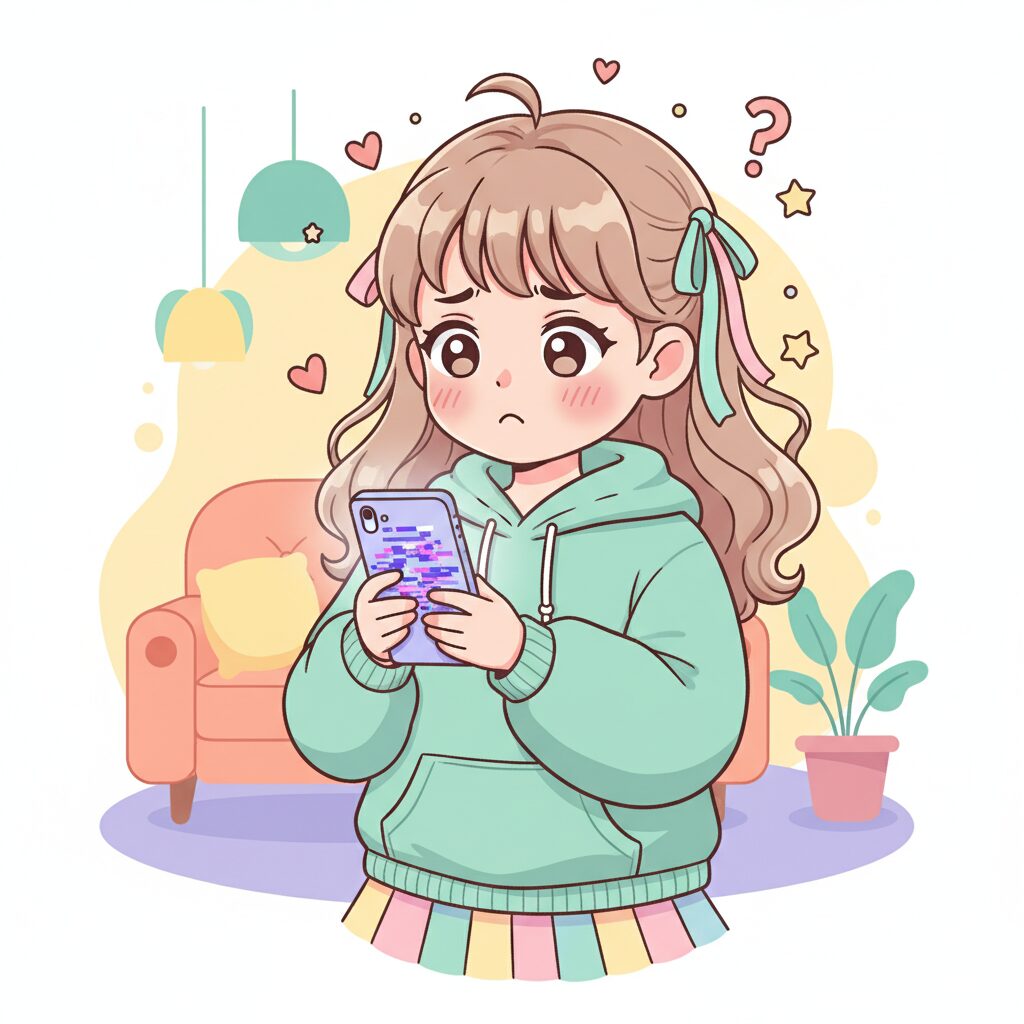 スマホの画面に文字化けが表示され、心配そうだけど理解している表情の可愛い女の子、アニメ風、鮮やかな色合い